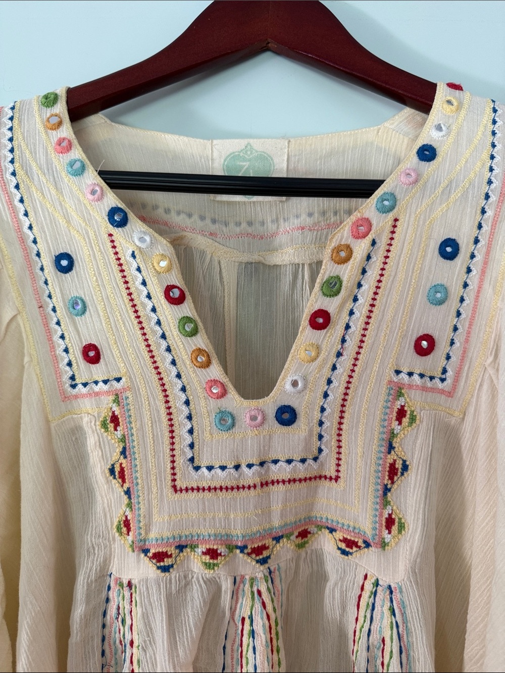 Woman’s Cream Embroidered Boho Tunic Dress with Colorful Bead Accents - Picture 2 of 6